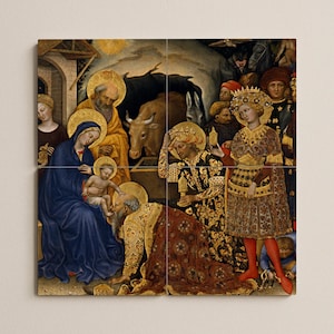 May include: A multi-panel artwork depicting a religious scene. The artwork features figures in ornate clothing, including a woman in a blue robe and a man kneeling. Gold halos surround the figures. The scene includes animals and other figures in the background.