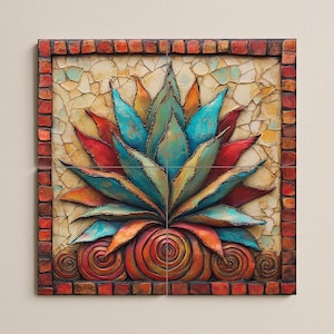 May include: A square wall art piece depicting a stylized agave plant. The plant's leaves are a mix of blue, green, and orange, set against a mosaic background. The artwork is framed with a border of red bricks, creating a vibrant, textured design.