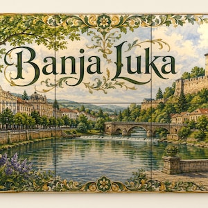 May include: A three-panel wall art piece depicting a landscape of Banja Luka with a river, a stone bridge, and a fortress on a hill. The text "Banja Luka" is centered in a decorative script font, framed by green and gold floral scrollwork.