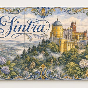 May include: Decorative tile featuring a scenic view of Sintra, Portugal, with a yellow and red castle atop a green hillside. The word "Sintra" is written in elegant blue script. The tile is framed with a blue and gold floral border.