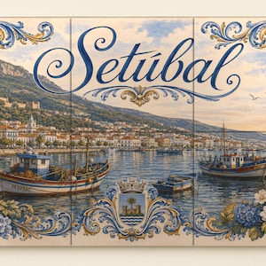 May include: A rectangular ceramic tile mural featuring a coastal scene of Setúbal, Portugal. The image displays fishing boats on the water, a town along the hillside, and a central coat of arms, all framed by blue and yellow floral scrollwork.