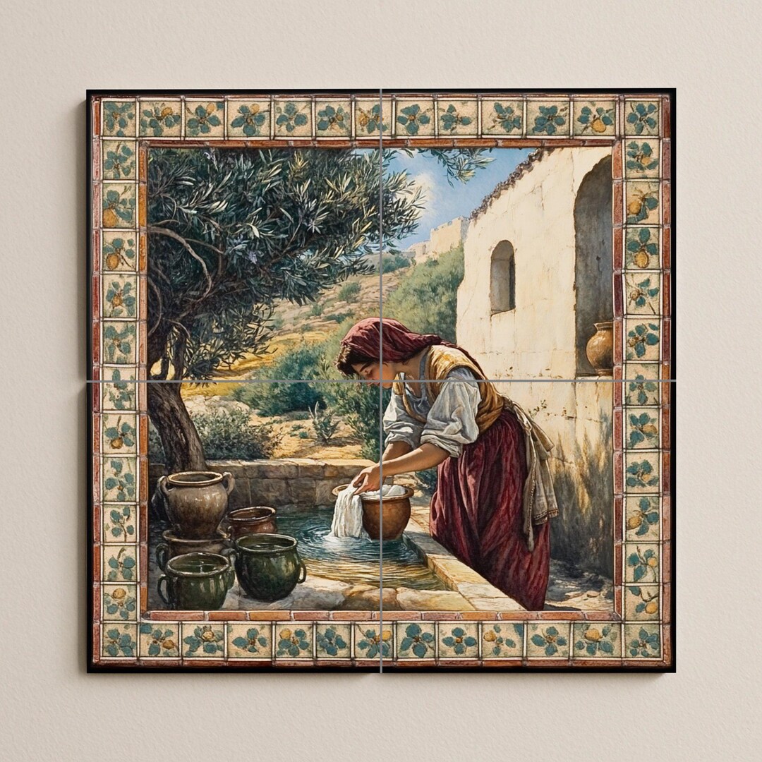 Rustic Wellside Ceramic Mural – Countryside Mosaic With Woman Washing ...