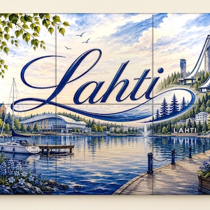 May include: A three-panel wall art print featuring a scenic landscape of Lahti, Finland, with a lake, a sailboat, a church, and a ski jump. The word Lahti is written in large, elegant blue script across the centre, with a smaller Lahti text below.