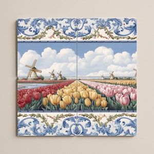 Dutch Tulip Field Mural – Delft-Inspired Ceramic Tile Panel, Windmill Landscape Art, Floral Kitchen Accent, European Country Decor