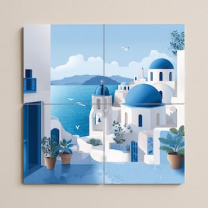 Coastal Village Ceramic Tile Mural – Classic Mediterranean Wall Art Mosaic for Kitchen Backsplash or Entryway Accent Panel