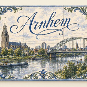 May include: A decorative tile panel featuring a scenic view of Arnhem, Netherlands. The image includes a river, bridge, church, and the city name in elegant script. The border is adorned with floral and scroll designs in blue and white.