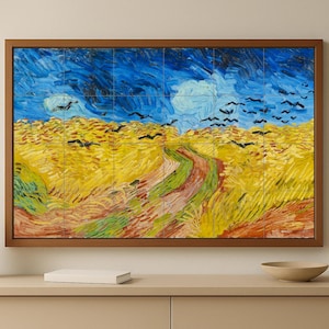 May include: A framed artwork depicting a landscape with a winding path, yellow fields, and a blue sky with birds. The painting is in a style reminiscent of Van Gogh, with visible brushstrokes and a warm color palette.
