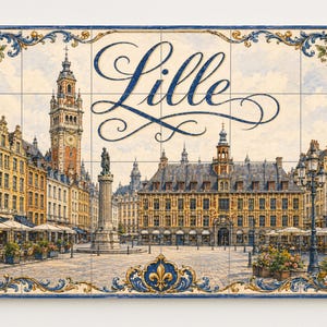Op de afbeelding: Decoratieve tegel met een gedetailleerde illustratie van Lille, Frankrijk, met de naam van de stad in elegant schrift. De afbeelding toont gebouwen, een klokkentoren en een centraal plein, omlijst door een blauw-gouden rand met fleur-de-lis motieven.