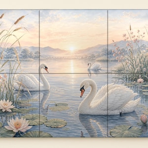 May include: A multi-panel wall art print depicting a serene lake scene at sunrise. Three white swans swim among blooming pink water lilies and tall reeds. The background features soft mountains under a pale, golden sky, creating a calm atmosphere.