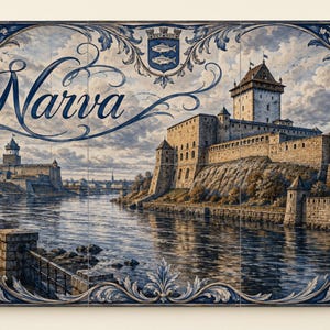 May include: A rectangular wall tile mural featuring a detailed blue and white illustration of Narva Castle by a river. The word Narva is written in elegant script, and a coat of arms with two fish is centered at the top, framed by ornate foliage.