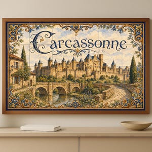 May include: A framed artwork featuring a detailed illustration of Carcassonne, a medieval fortified city. The artwork is composed of multiple tiles, with a brown wooden frame. The image depicts the city's architecture, bridges, and surrounding landscape.