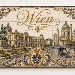 May include: Decorative tile featuring a detailed illustration of Vienna, Austria, with the city's name in elegant script. The artwork includes architectural landmarks, a horse-drawn carriage, and a decorative border with floral and scroll elements.