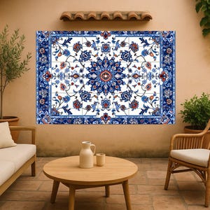 Outdoor ceramic panel showcasing Iranian tile symmetry with flower arabesques and rich colors, ideal for patios with refined global décor.