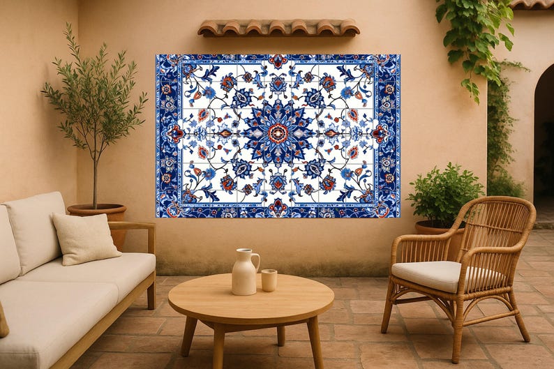 Outdoor ceramic panel showcasing Iranian tile symmetry with flower arabesques and rich colors, ideal for patios with refined global décor.