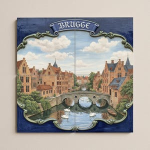 May include: A framed artwork depicting a canal scene in Bruges, Belgium. The artwork features a stone bridge, buildings with red-tiled roofs, and swans in the water. The word "BRUGGE" is displayed on a banner at the top.