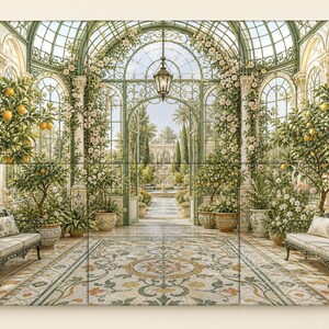 Könnte beinhalten: Ein Wandbild, das einen sonnendurchfluteten viktorianischen Wintergarten mit Bogenfenstern, gefliestem Boden und zwei schmiedeeisernen Bänken zeigt. Zitronenbäume in Töpfen mit gelben Früchten und weiß blühende Ranken rahmen den Torbogen ein.