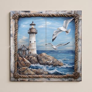 May include: A coastal-themed artwork featuring a white lighthouse on a rocky shore, with seagulls soaring against a blue sky. The artwork is framed with a rope-like border, creating a nautical aesthetic.