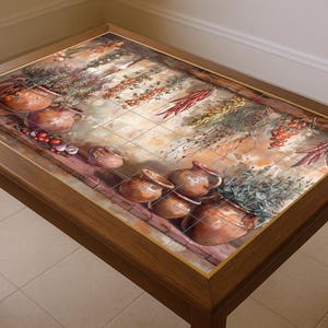 May include: A wooden coffee table with a tiled top. The tiles depict terracotta pots, herbs, and spices. The table has a dark brown frame and legs. The tiled surface is framed with a decorative border. The table is approximately 120 cm long.