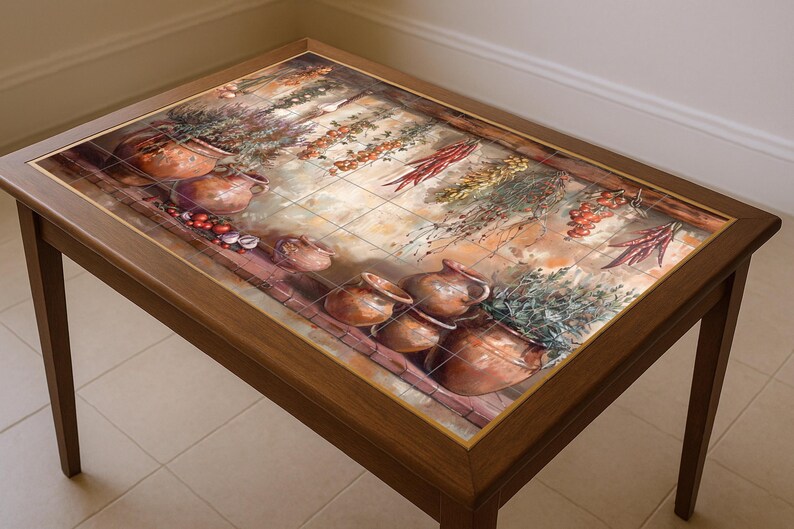 May include: A wooden coffee table with a tiled top. The tiles depict terracotta pots, herbs, and spices. The table has a dark brown frame and legs. The tiled surface is framed with a decorative border. The table is approximately 120 cm long.