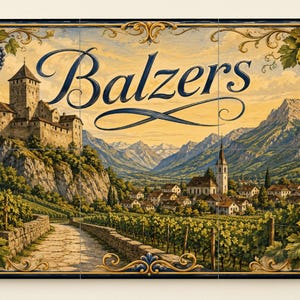 May include: A rectangular wall tile mural featuring the word Balzers in dark blue script. The scene depicts a stone castle on a cliff overlooking a village, vineyards, and mountains. The border is decorated with golden scrollwork and clusters of purple grapes.