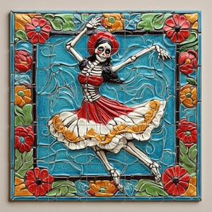 May include: A ceramic tile artwork showing a dancing skeleton figure in a red dress and hat, framed by colourful flowers. The background is a vibrant blue, and the artwork is composed of multiple tiles.
