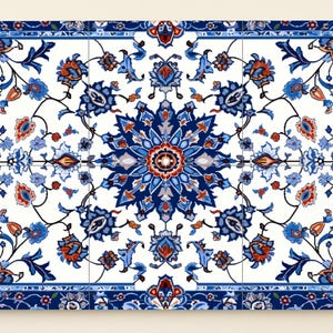 May include: Rectangular decorative tile arrangement featuring a symmetrical floral pattern in shades of blue, red, and white. The design includes stylized flowers and leaves, framed by a detailed blue border. The overall aesthetic is reminiscent of traditional tilework.