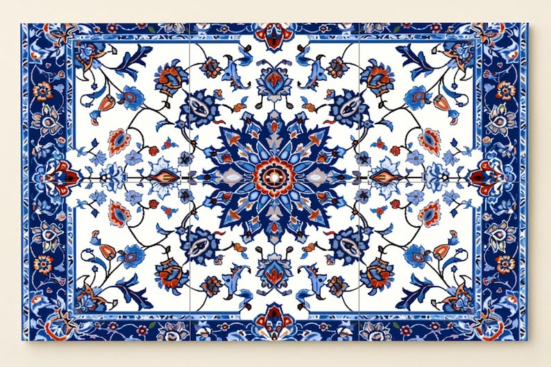 May include: Rectangular decorative tile arrangement featuring a symmetrical floral pattern in shades of blue, red, and white. The design includes stylized flowers and leaves, framed by a detailed blue border. The overall aesthetic is reminiscent of traditional tilework.