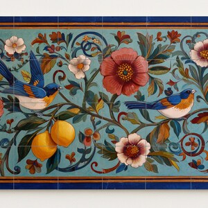 Op de afbeelding: Decoratieve tegel met een bloemen- en vogelontwerp. Het toont blauwe vogels, rode en witte bloemen en gele citroenen op een turquoise achtergrond. De tegel heeft een donkerblauwe rand met gouden accenten.