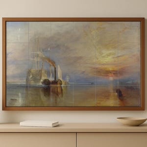 May include: A framed artwork showing a seascape with a ship and a sunset. The painting is divided into multiple tiles and set in a brown wooden frame. The color palette includes shades of yellow, orange, and blue.