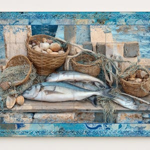 Aegean fish mural • Greek sea harvest tile wall art • Rustic wharf decor • Mediterranean net panel • Coastal seafood ceramic