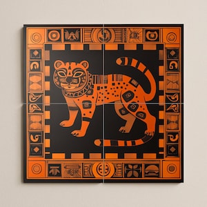 May include: Four-panel artwork featuring an orange and black jaguar design. The jaguar is stylized with geometric patterns and spots. The artwork is framed with an orange border containing various geometric shapes and patterns.