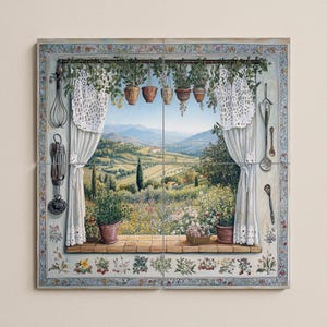 May include: A set of decorative wall tiles showing a kitchen window with a view of a rural landscape. The scene includes hanging potted herbs, lace curtains, and a view of rolling hills and a distant village. Kitchen utensils are on the sides.