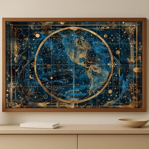 Celestial map tile mural • Golden star chart with constellations and Earth globe • Cosmic wall art in deep navy and antique gold