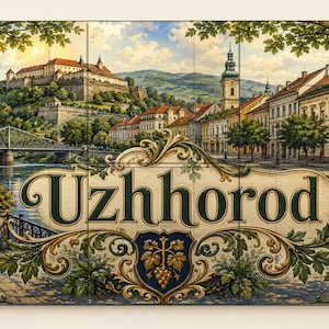 May include: A rectangular wall art piece featuring a scenic illustration of Uzhhorod, Ukraine. The image displays a castle on a hill, a river with a bridge, and city buildings. The word Uzhhorod is written in large, dark green, ornate lettering.