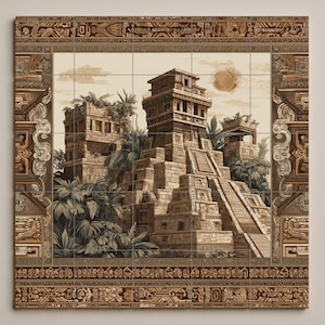 Puede incluir: Un mural de azulejos en tonos sepia que representa un antiguo complejo de templos mayas. La obra de arte presenta una detallada mampostería, exuberante follaje tropical y un sol en el cielo. El borde está adornado con intrincadas tallas.