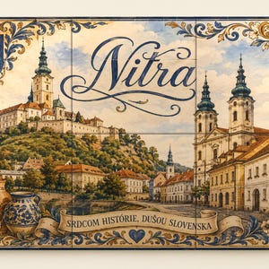 May include: A rectangular ceramic tile mural depicting the city of Nitra, Slovakia, featuring a hilltop castle, a church with twin towers, and blue and gold floral borders. The text Nitra and the phrase SRDCOM HISTÓRIE, DUŠOU SLOVENSKA are visible.