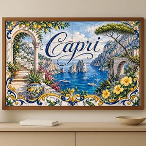 May include: Framed tile art featuring a scenic view of Capri, Italy. The artwork depicts the island's coastline, boats on the water, and the word "Capri" in elegant script. The frame is a dark brown color, and the tiles have a decorative border.