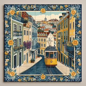 May include: A decorative tile featuring a vibrant street scene with a yellow tram traveling down a cobblestone road. The buildings are painted in various colors, and the scene is framed by a floral border with yellow and blue flowers.