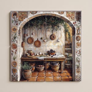Peut inclure: Une scène de cuisine rustique avec une table en bois chargée de produits, dont des figues et de l'ail. Des casseroles et poêles en cuivre sont suspendues au plafond. La scène est encadrée par une arche et ornée de carreaux décoratifs.