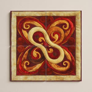 May include: Abstract wall art composed of four square panels. The design features a central infinity symbol in cream, surrounded by swirling patterns in shades of red, brown, and gold. The artwork has a textured appearance.