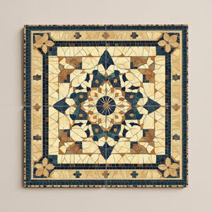 May include: Square mosaic tile featuring a geometric star pattern in blue, brown, and cream. The tile has a dark blue border with floral and cross-shaped accents. The design is symmetrical and intricate.