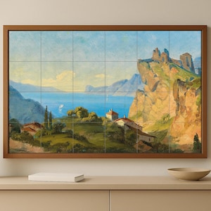 Lake Garda mural tile • Italian landscape wall art • Romantic lakeside view panel • Cliffside homes & sailboats ceramic decor