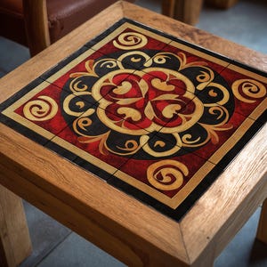 May include: A square wooden side table with an inlaid decorative top. The tabletop features a central floral design in red, gold, and black, framed by a black border and set within a light brown wooden frame. The table has four sturdy legs.