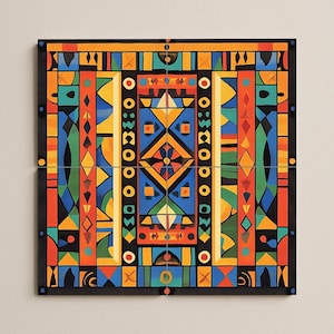 Op de afbeelding: Een levendig, geometrisch abstract kunstwerk met een zwarte rand. Het kunstwerk heeft een symmetrisch ontwerp met een verscheidenheid aan vormen en kleuren, waaronder blauw, oranje, geel en groen. Waarschijnlijk een decoratieve wanddecoratie.