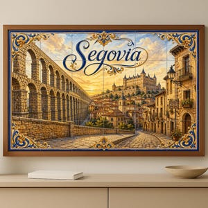 May include: A framed tile art piece depicting the city of Segovia, Spain. The artwork showcases the Roman aqueduct, a castle, and a cobblestone street. The sky is a warm blend of orange and blue, and the artwork is framed in a dark wood.