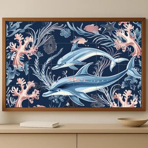 Tropical ocean tile mural • Caribbean dolphin ceramic wall art • Coral reef fish scene • Underwater marine decor • Coastal blue panel