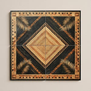 May include: Square decorative tile with a geometric pattern. The design features a central diamond shape and corner squares in shades of brown and black, with gold-colored palm leaf accents. The tile is framed by a border with triangular and rectangular patterns.