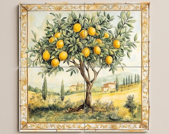 Lemon tree ceramic wall mural with Tuscan countryside and golden border, Mediterranean orchard tile art, handmade rustic kitchen decor