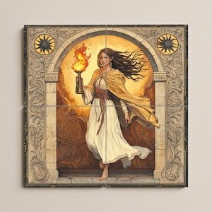 May include: A digital art print featuring a woman in a flowing white dress and gold cape, holding a torch with a bright flame. The artwork is set within an ornate archway with decorative sunburst designs.