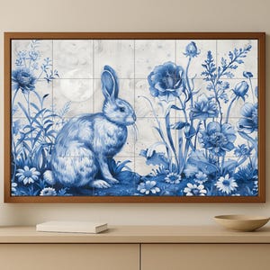 Blue Rabbit Floral Mural – Delft Tile Art with Bunny & Moon in Botanical Garden | Ceramic Wall Art Panel Made in Spain